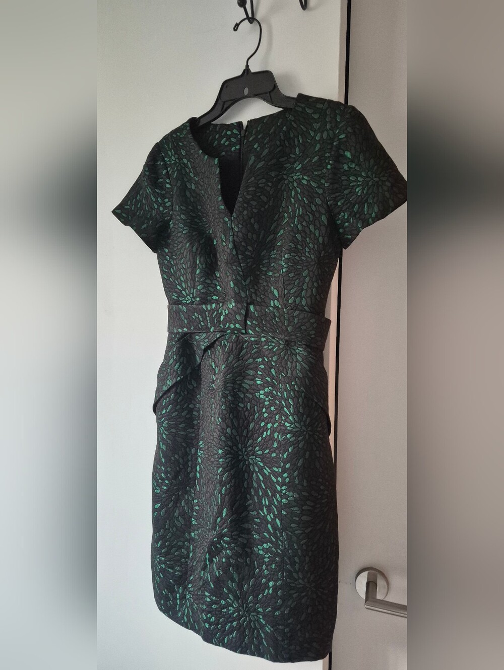 Maeve Black And Green Accent Dress with Teal Leaf Pattern - Midi Sheath